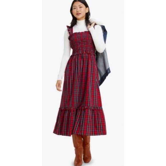 Nicole Miller Women's Midi Dress Size L Red Dark Navy Blue Plaid Ruffle NWOT - Picture 1 of 5